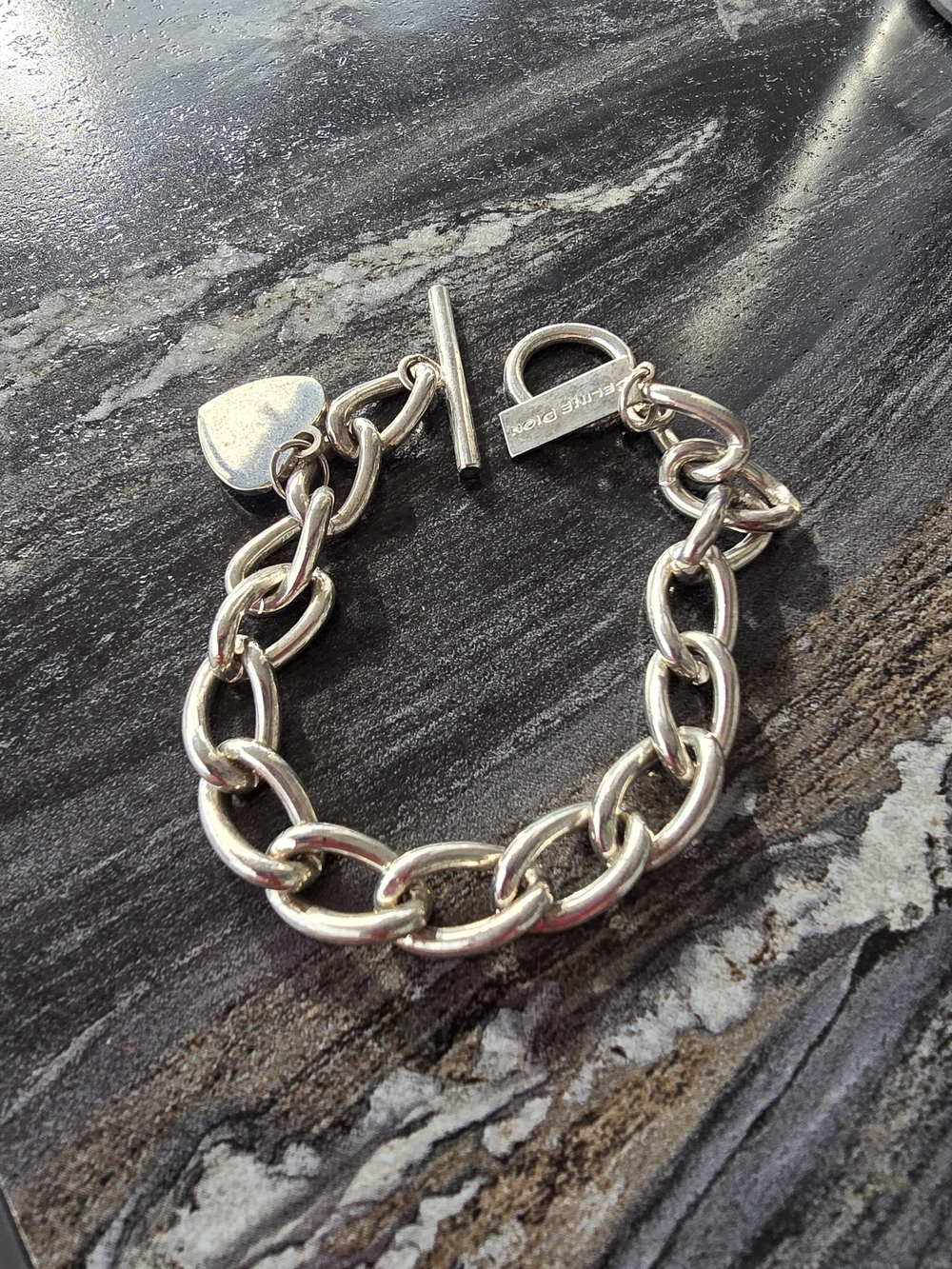 Celine Dion Silver Toggle Link Bracelet with Heart Charm 7"